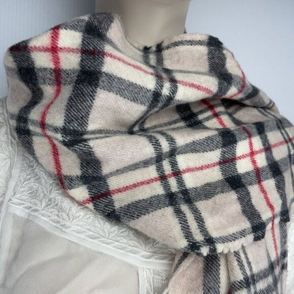 JOHN HANLY Ireland  100% Extra-Fine Merino Wool Checked PinkBeige Grey Red Scarf - Picture 3 of 3